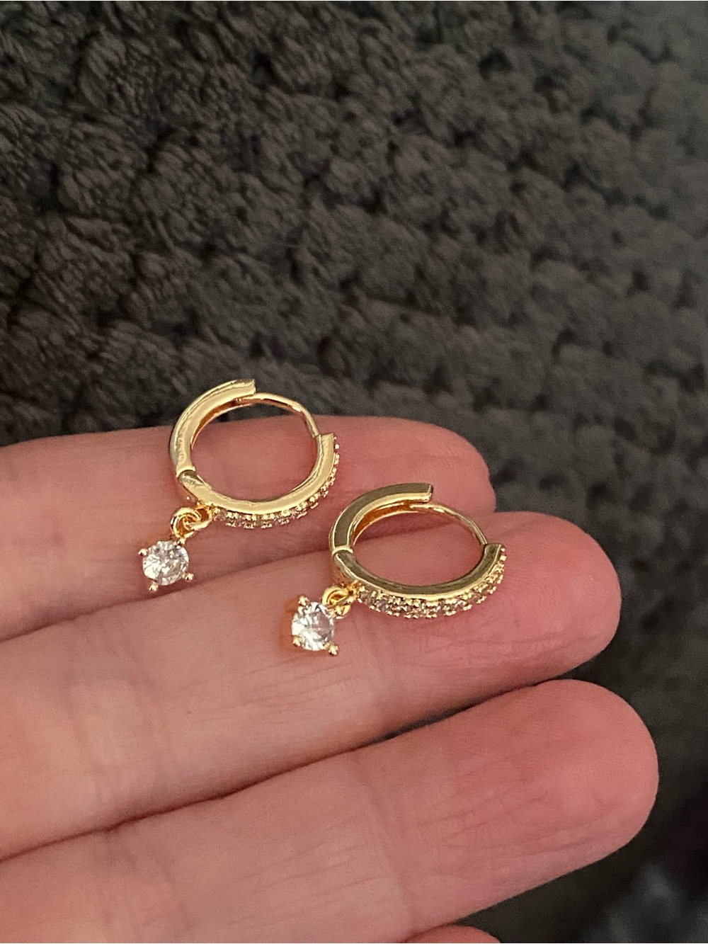 Gold Cubic Zirconia Huggie Hoop Earrings with Dangle Stone